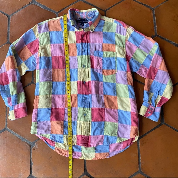 Y2K Tommy Hilfiger Button Down Linen Shirt Madras Patchwork Contrast Cuff Size L - Picture 7 of 8